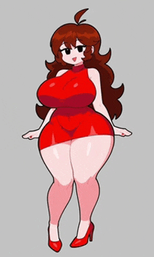 a cartoon girl in a red dress and high heels is standing on a gray background .