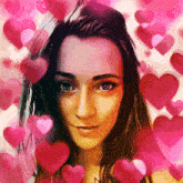 a woman 's face is surrounded by pink hearts floating in the air