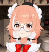 a girl wearing glasses and a red bow stands in front of a clock that reads 0:08