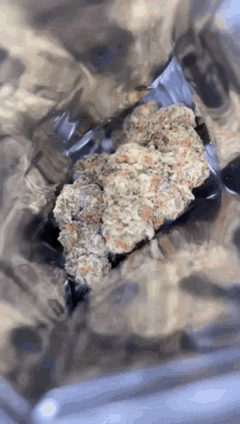 a close up of a bag of marijuana with a few pieces missing