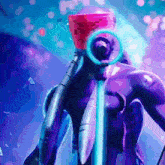 a purple and blue painting of a robot with a blue light coming out of its mouth