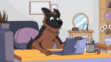 a cartoon dog is using an apple laptop
