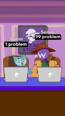 a cartoon of a man and an owl sitting at a desk with laptops and the words junior and senior 99 problem