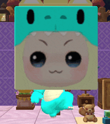 a baby in a dinosaur costume is standing in a room with a teddy bear