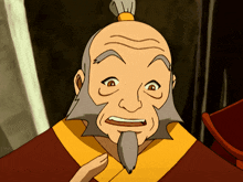a cartoon character with a beard and a ponytail making a surprised face