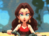 a cartoon character in a red dress and gold earrings
