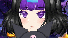 a girl with purple hair and a skull on her hat