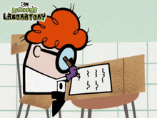 a cartoon character from the cn dexter 's laboratory sits at a desk
