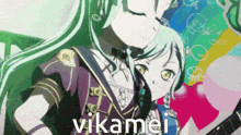 a girl with green hair is holding a guitar and the word vikamei is on the bottom of the picture