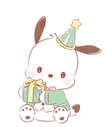 a cartoon drawing of a dog wearing a party hat and holding a gift box .