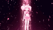 a little girl in a pink dress is standing in a dark room