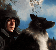 a painting of a woman with a hood and a black dog