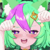 a girl with green hair and a purple ponytail is smiling