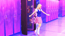 a barbie doll is dancing in a hallway of purple lockers