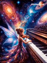 a painting of a fairy playing a violin with pixverse.ai on the bottom right