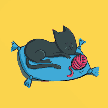 a black cat laying on a blue pillow with a ball of pink yarn
