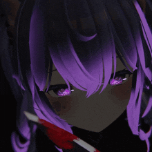a close up of a purple haired anime character