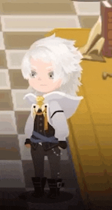 a little boy with white hair is standing next to a table in a video game .