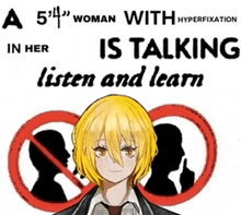 a 5 ' 4 " woman with hyperfixation is talking in her listen and learn