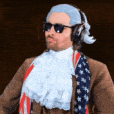 a man in a wig and sunglasses is wearing headphones and an american flag scarf