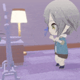 a cartoon character is standing in a room with a lamp in the background