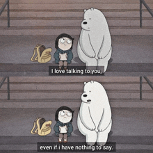 a cartoon of a girl sitting next to a polar bear that says i love talking to you