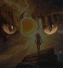 a woman stands on a rock in front of a sign that says lotto