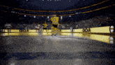 a hockey game is being played in a stadium with a goal sign