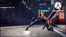 a person is kneeling on the ground in a video game while playing a video game .