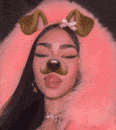 a girl is wearing a pink fur coat with a dog face mask on her face .