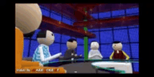 a group of cartoon characters are sitting around a table in a room