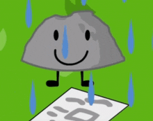 a cartoon rock with a sad face is crying while standing next to a piece of paper .