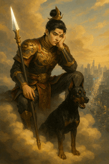 a painting of a man with a spear and a black dog