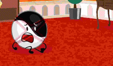 a cartoon character is standing next to a broken scissor on a red carpet .