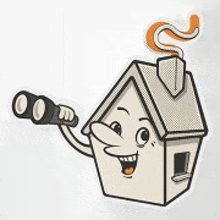 a cartoon house is holding a pair of binoculars in its hand .