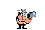 a pixel art cartoon of a man holding a camera