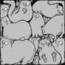 a black and white drawing of a group of cats sitting in a square .