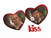 two hearts with a picture of two men and the word kiss on the bottom