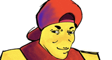a drawing of a man wearing a red hat and a yellow shirt