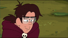 a cartoon character wearing glasses and a skull necklace