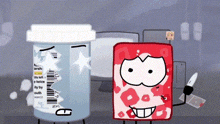 a cartoon character is holding a knife next to a bottle that says ' a ' on it .