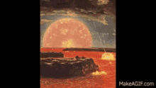 a painting of a nuclear explosion with the website makeagif.com in the corner