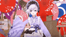 a girl in a kimono is holding an umbrella in front of a bunch of red umbrellas