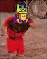 a pixelated image of a man wearing red shorts and a hat