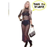 a woman in a black dress says thank you so much in a speech bubble