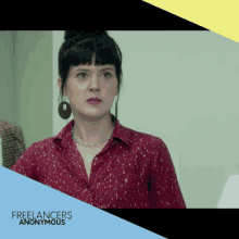 a woman in a red shirt with the words freelancers anonymous on the bottom right