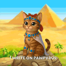 a cat wearing a pharaoh costume is sitting on a rock with the words i write on pawpyrus below it