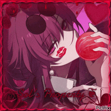 a picture of a girl with purple hair and red lips with the words sol 's property below her