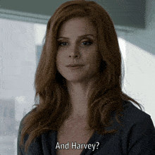 a woman with red hair says " and harvey " in front of a window
