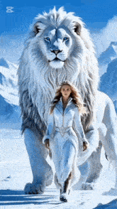 a woman in a white outfit is standing next to a white lion